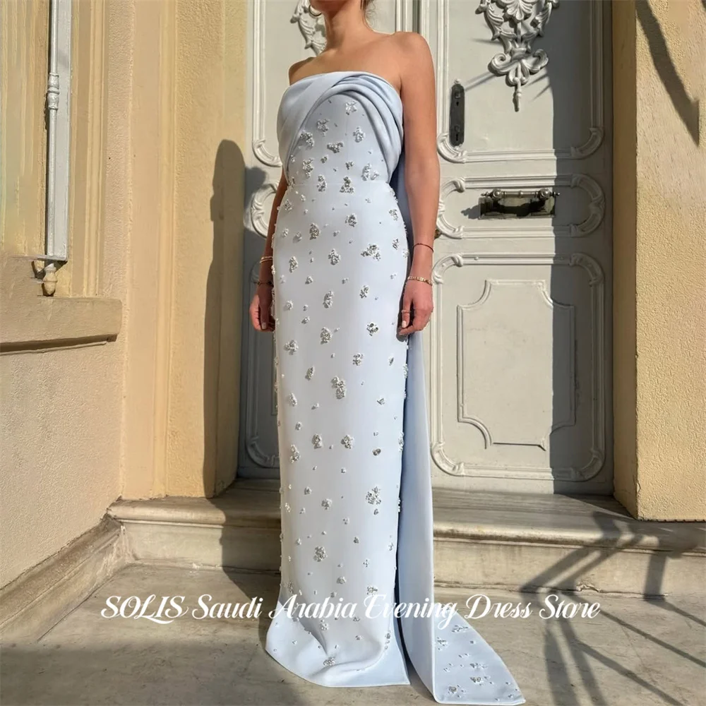 

SOLIS Sky Blue Evening Gown Strapless Prom Dresses with Pearls Wedding Evening Dresses with Crystal robes de soirée Customized