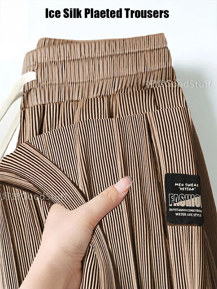 

Summer Stretch Casual Stripe Pants Men Ice Silk Wide leg Straight Pleated Trousers Lightweight Thin Spring Sweatpants Male