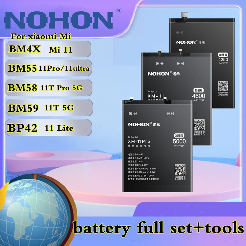 

NOHON battery For Xiaomi Mi 11 Por ultra Lite 11T Pro 5G High capacity BM58 BM59 BM55 BP42 BM4X For mi 11 replace bateria+tools