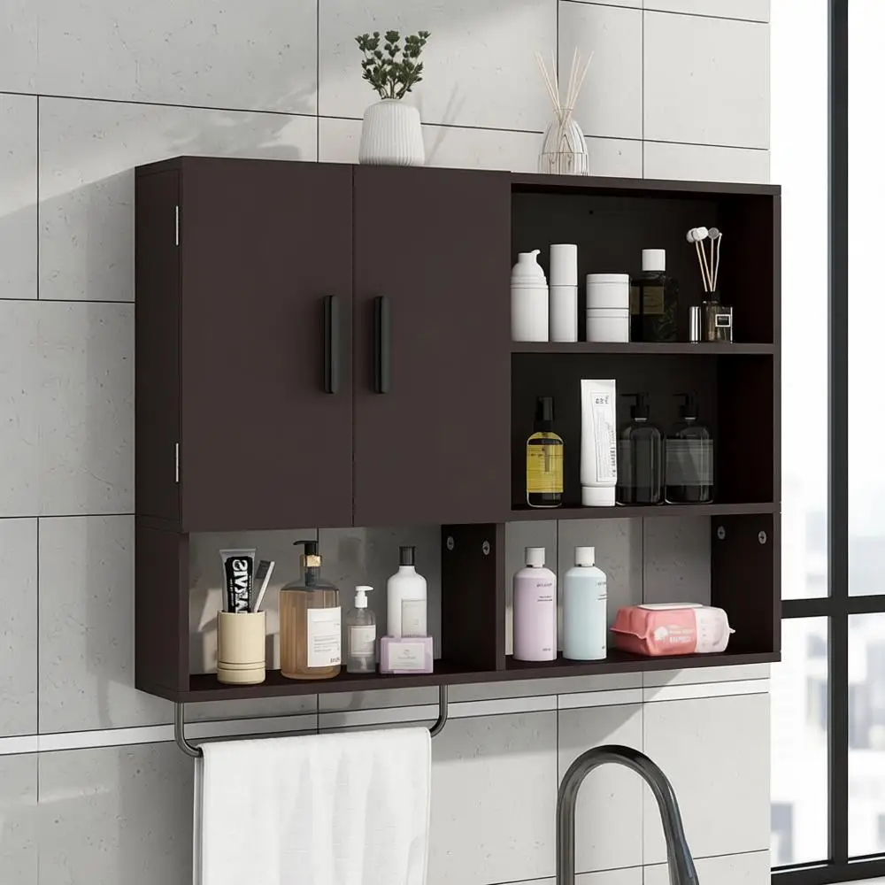 

Аптечка, деревянный настенный шкаф для ванной комнаты с 2 дверцами, регулируемыми полками и вешалкой для полотенец, шкаф для хранения над унитазом, настенный Mo