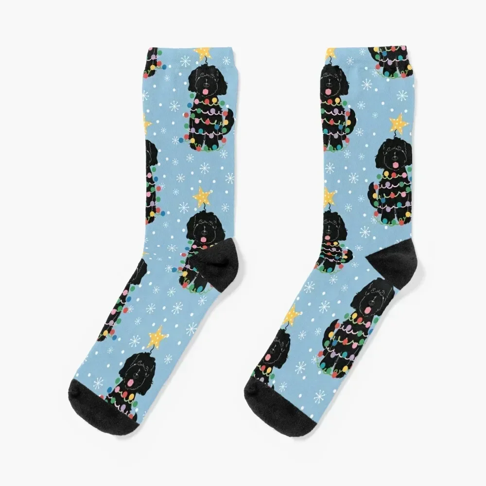 Black Goldendoodle Christmas Tree Socks Non-slip Run Socks Girl Men's