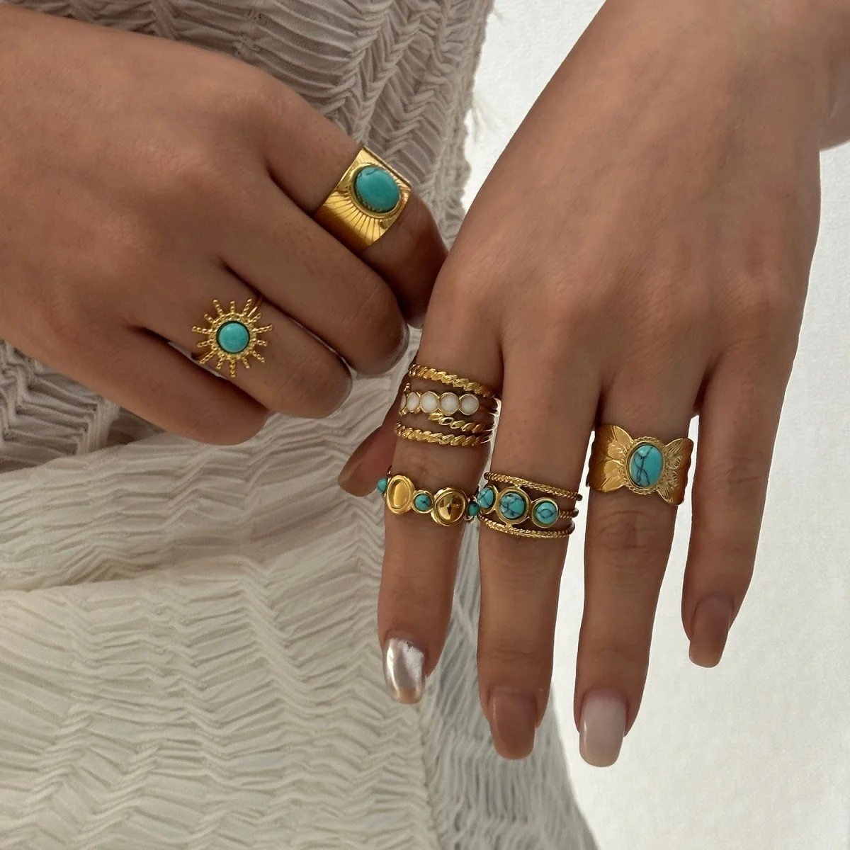 Edelstahl Blau Naturstein Geometrische Fingerringe für Damen und Herren Französischer Vintage Sonnenblumen-Blatt Runder Ovaler Ring Schmuck – Detail 18