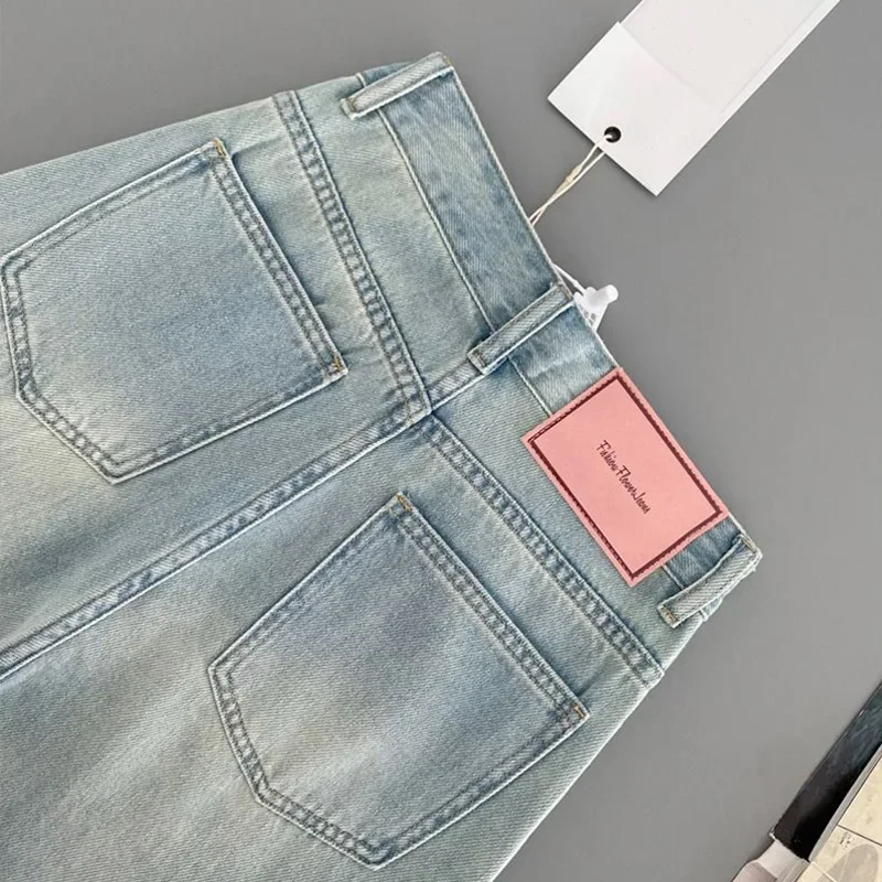 Jeans für Damen, Denim, weites Bein, gerade Hose, hohe Taille, Distressed, gewaschen, 2025, Streetwear, Taschen, Knopf in voller Länge