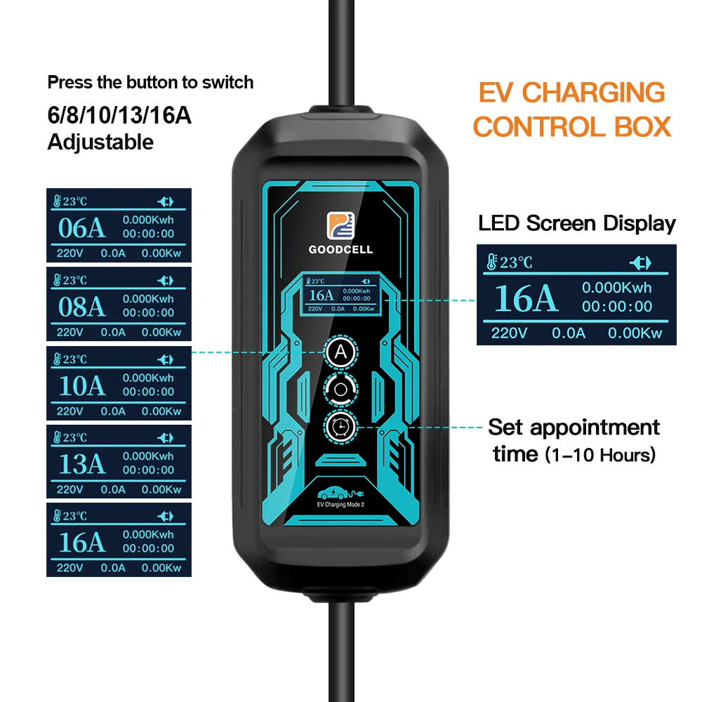 SAEJ1772 Carregador EV portátil 16A 3.6KW Tipo 1 IEC 62196-2 Tipo 2 Wallbox Corrente ajustável para carregamento de carro de veículo elétrico