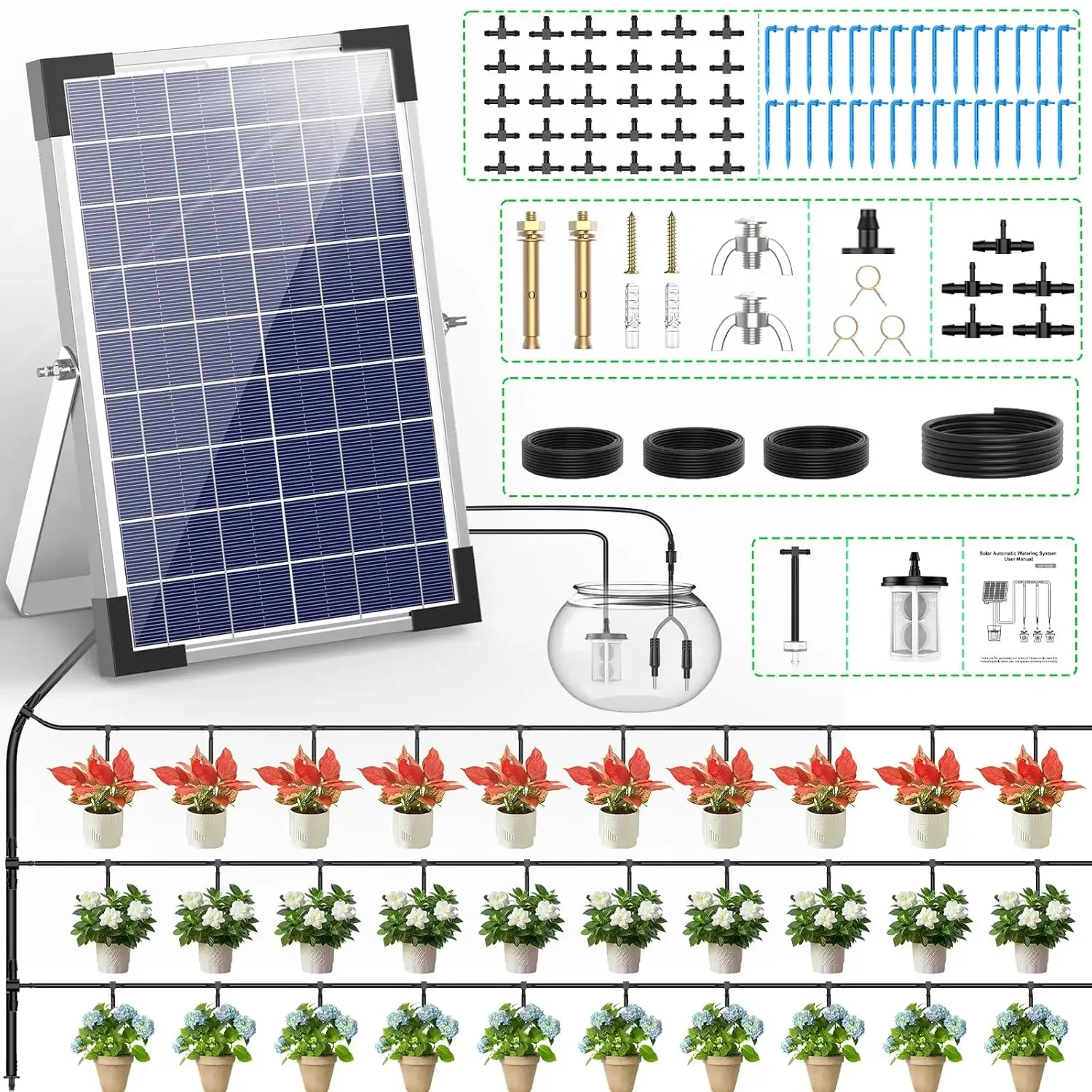 Solar Irrigation System 5W for Automatic Plants Watering,2024 Latest DIY Drip Irrigation Kit for Garden,Balcony,Greenhouse