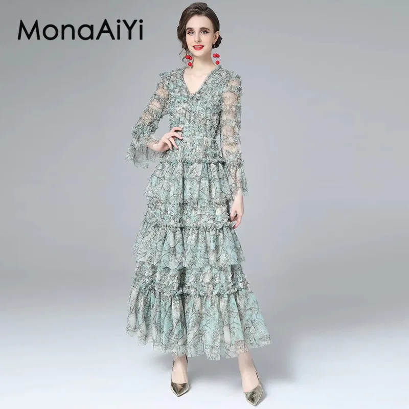 MonaAiYi Autumn Women's Ball Gown Dress Fashion V-Neck Long Sleeved Edible Tree Fungus Edge Evening Dresses