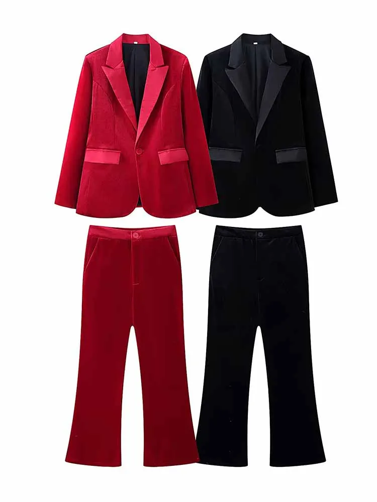 Damski wiosenny komplet: marynarka z długim rękawem z aksamitu w jednolitym kolorze + spodnie garniturowe z guzikami, uniwersalny dwuczęściowy zestaw.