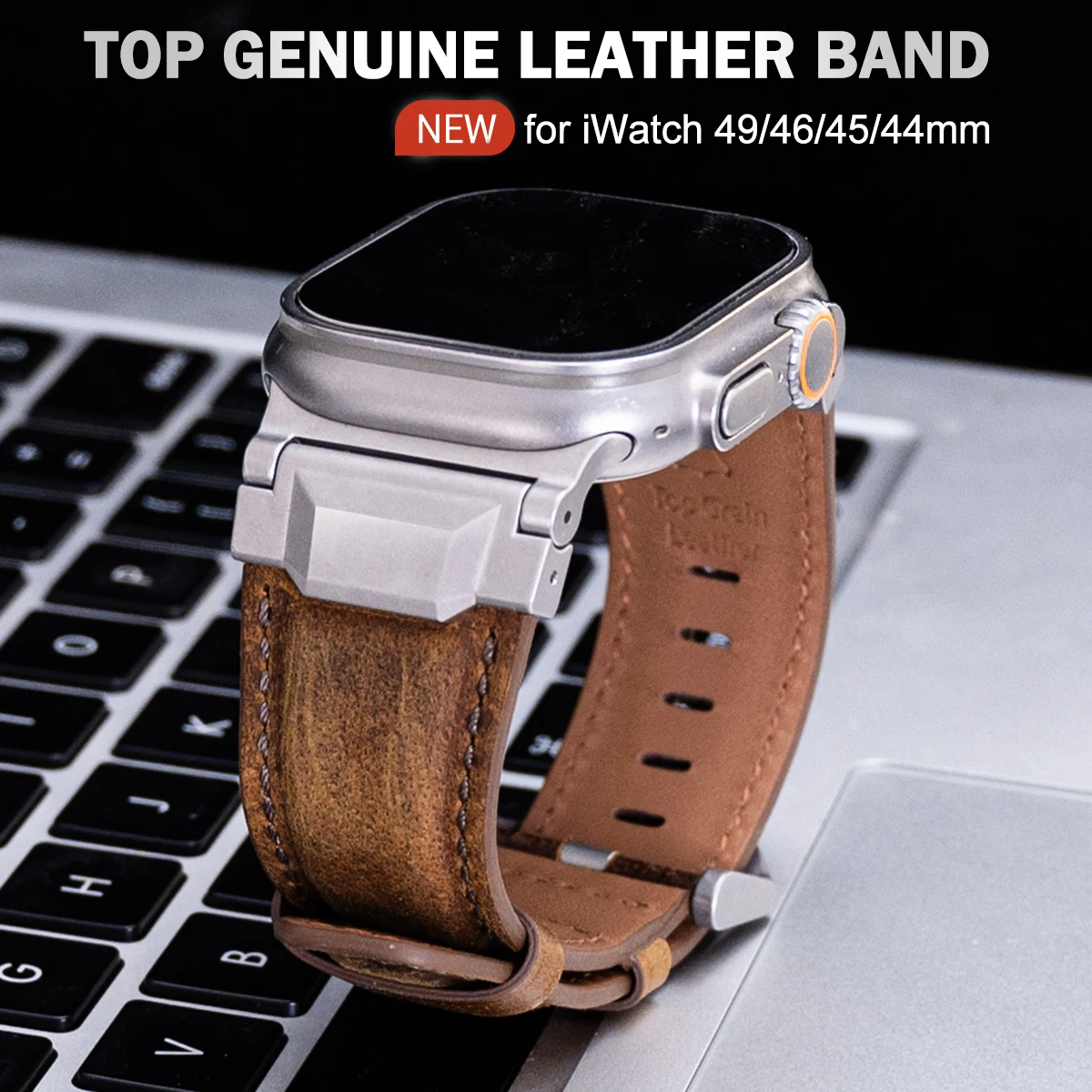 TOP Genuine Leather Band for Apple Watch Ultra 3/2/1 49mm 46mm 45mm Stainless Steel Connector Strap for iWatch Series 11 10 9 8