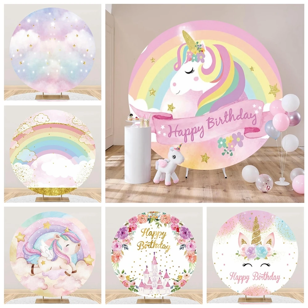 Unicorn Birthday Party Round Backdrop Cover Rainbow Glitter Flowers Newborn Baby Shower Circle Background for Photography Props