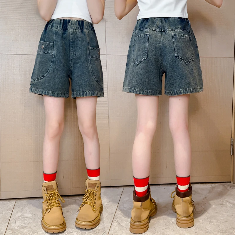Elegant Kids Children Vintage Denim Shorts with Pockets for Teens Girls New Summer Casual Mini Jeans Pants Age 5 7 9 11 13 14 Y