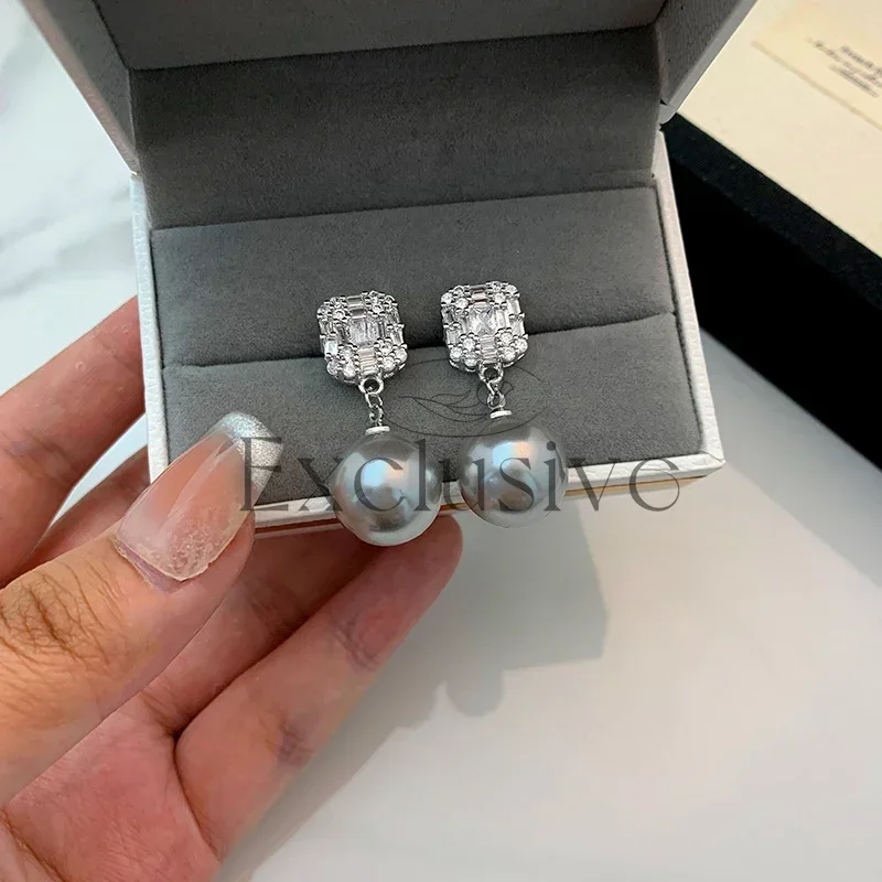 Zircon real much hemp gray pearl earrings women's S925 silver niche French unique
