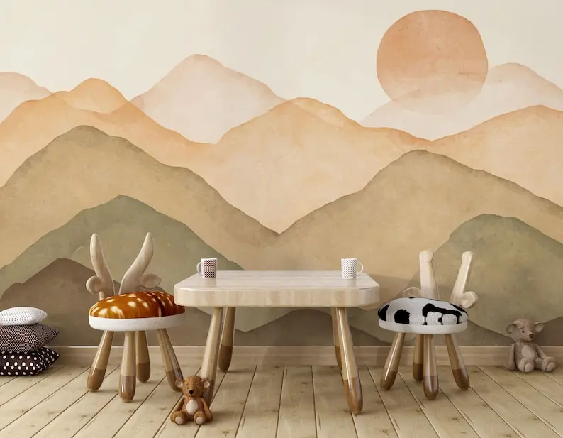 Pastel Colors Sunset and Mountains Self Adhesive Nursery Wallpaper, Sunset Through The Mountains With Watercolor Effect Wall Mur