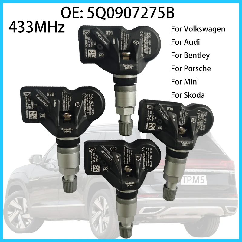 4PCS 433MHz 5Q0907275B Tire Pressure Sensor Monitoring System For Volkswagen Golf Audi Q5 Bentley Bentayga Porsche Cayenne Car