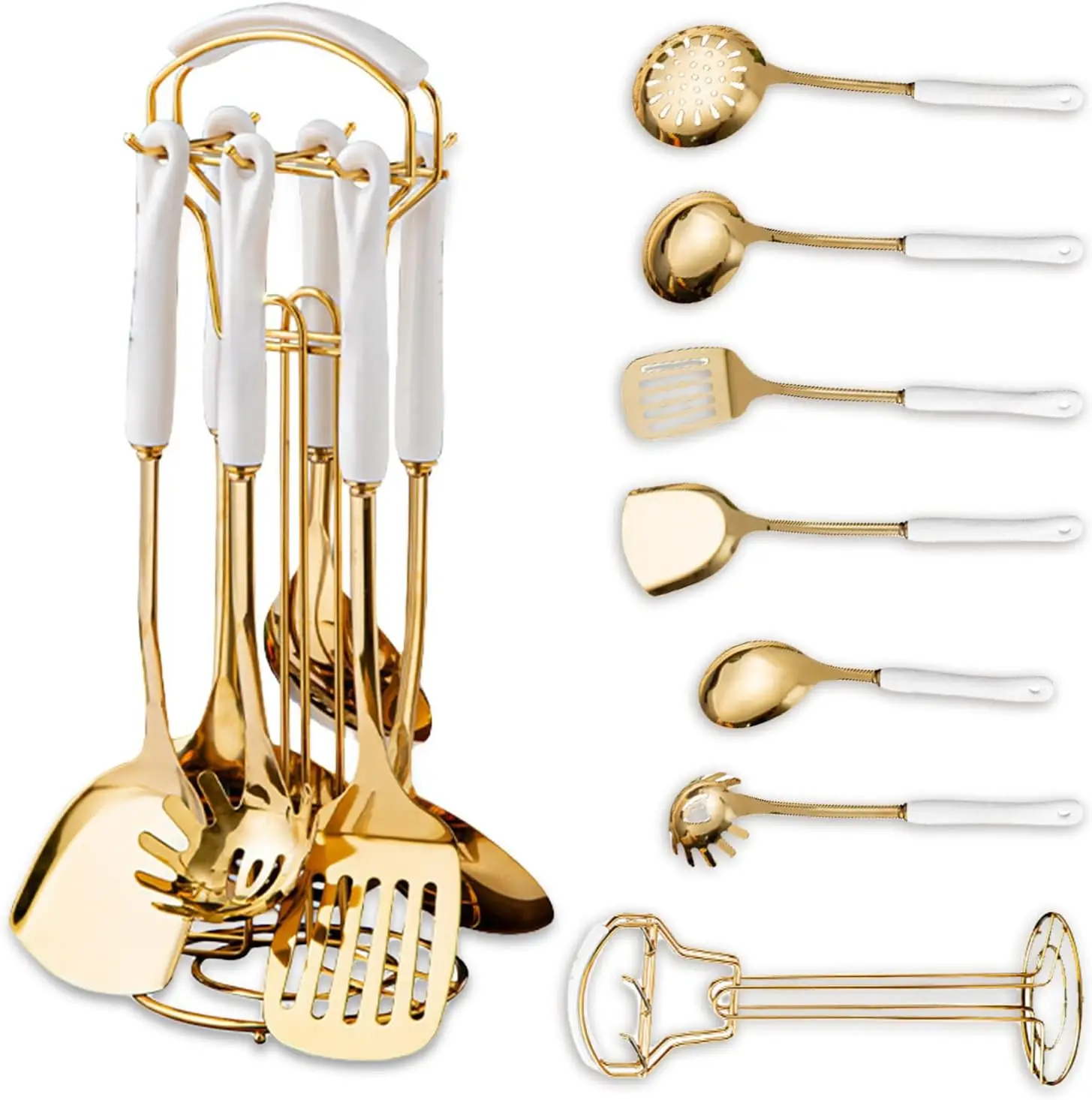 

Золотой набор кухонных принадлежностей, 7 предметов, набор кухонных инструментов с подставкой для утвари, золотые кухонные аксессуары, посуда