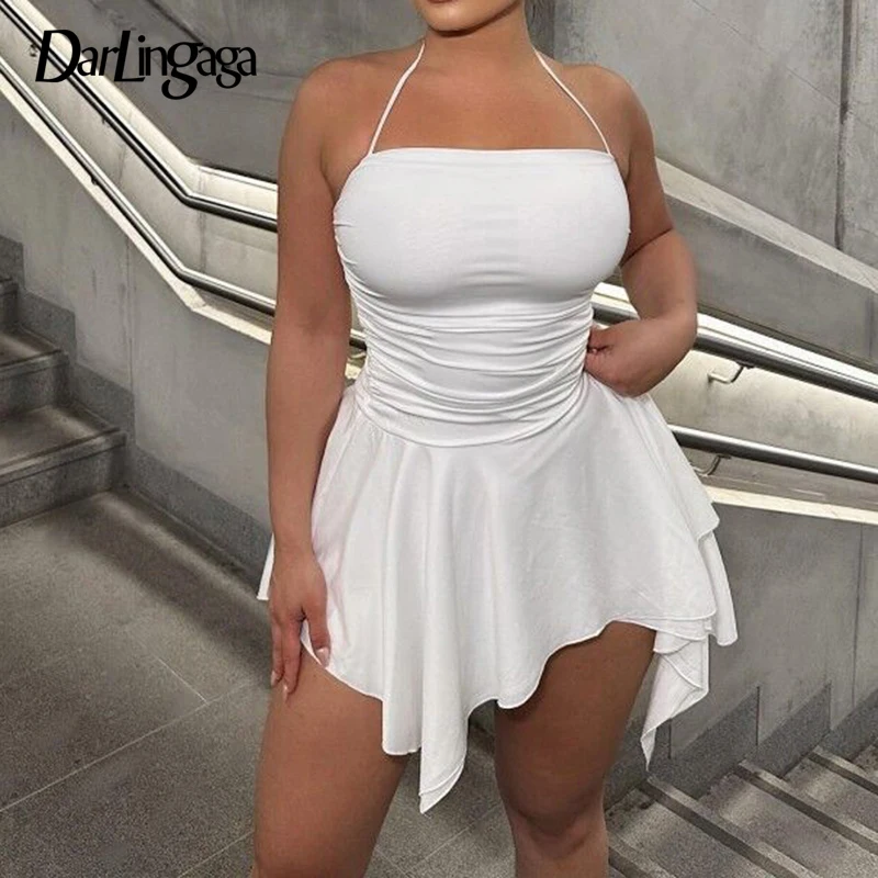 

Darlingaga Fashion White Asymmetrical Halter Sexy Dress Folds Backless Clubwear Party Sundress Hot Holidays Summer Mini Dresses