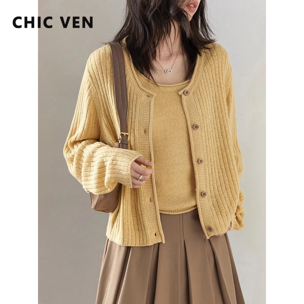 CHIC VEN Women Cardigan Loose Casual Textured O Neck Single Breasted Knitted Sweaters U-neck Vest Set Spring Autumn 2025