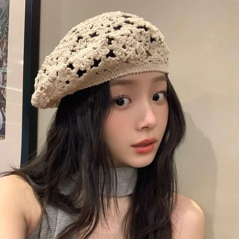 

Fashion Breathable Flower Hat Japanese Style Big Head Circumference Hollowed Out Beret Headgear Thin Crochet Knitted Cap Women