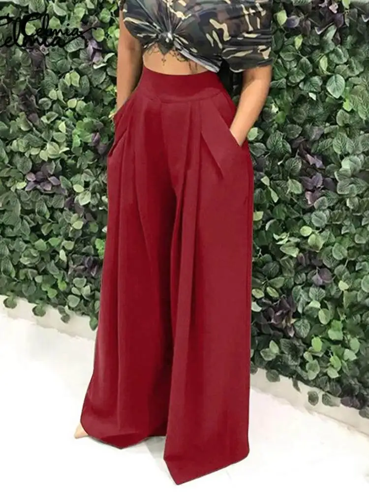 Celmia 2023 Autumn Women Wide Leg Pants Fashion High Waist Pleated Trouser Casual Loose Pocket Elegant Palazzo Oversize Pantalon