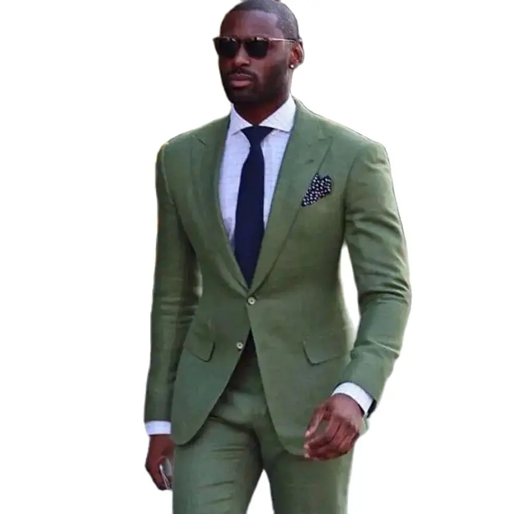 Luxury Men Suits Single Breasted Peak Lapel Slim Fit Green Blazer High Quality Male Clothing 2 Piece Jacket Pants Costume Homme