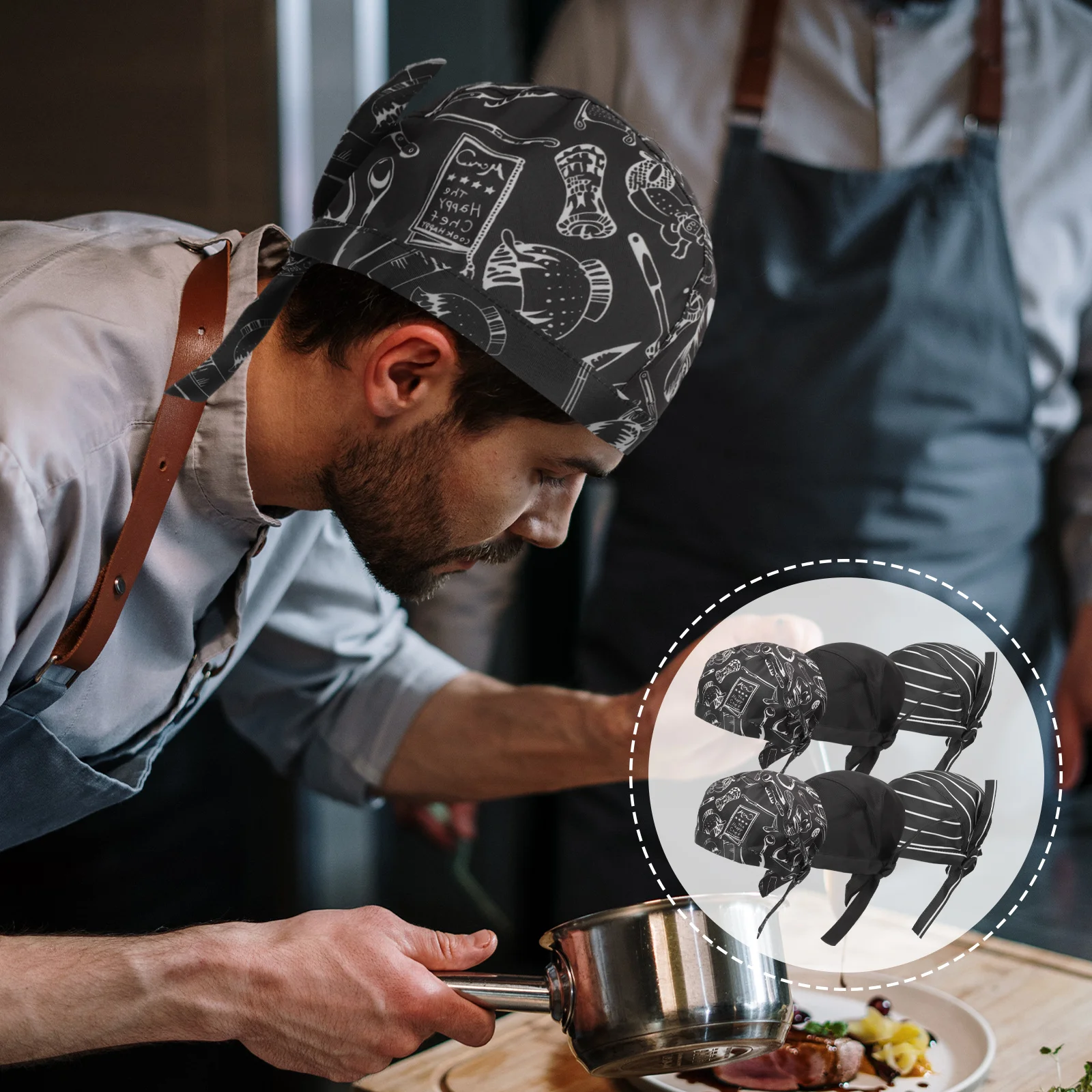 6 قطع من قبعات عمل الشيف للجنسين من القطن قابلة للتعديل قبعات المطبخ مطبوعة على شكل قرصان للمطاعم مخططة سوداء قابلة لإعادة الاستخدام