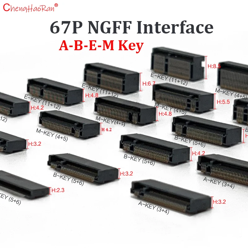 2PCS NGFF Interface Socket SSD Socket  M.2 Connector 67P A B E M KEY  H=2.3 3.2 4.2 4.8 5.5 6.7 8.5 M.2 SSD Slot NGFF Socket