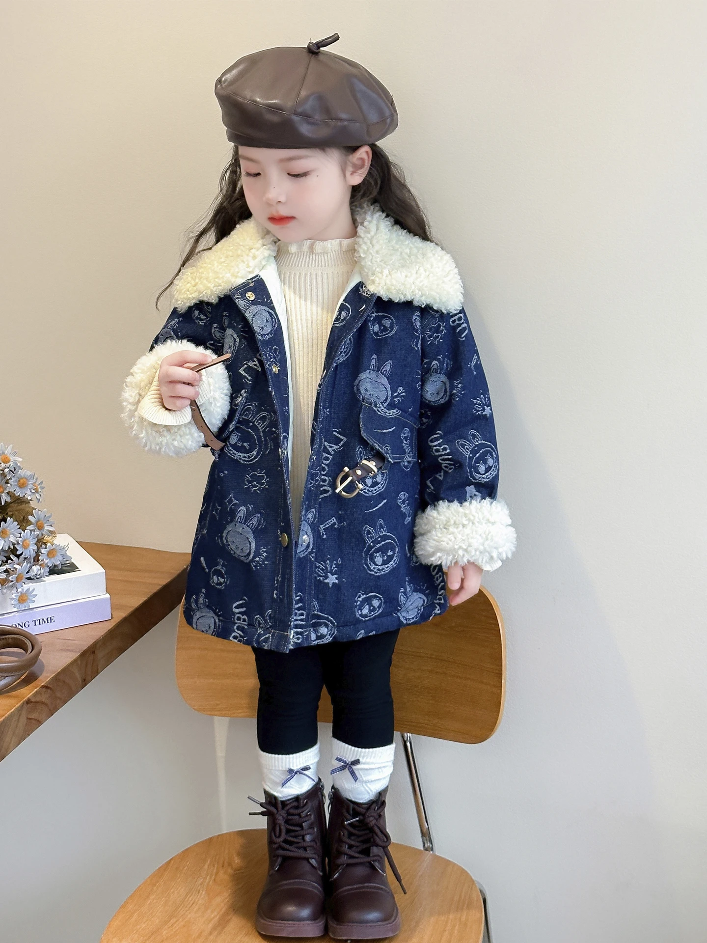 

Джинсовая куртка для девочек, осенне-зимняя теплая детская зимняя одежда с завязкой на талии, длинный свек, темно-синий воротник