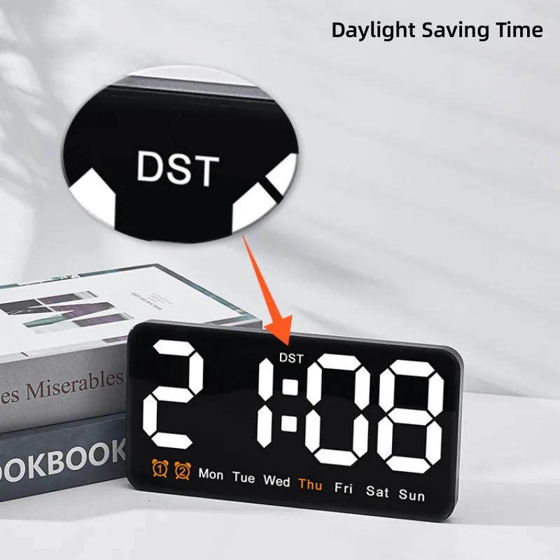 Sprachsteuerung, große digitale Wanduhr, Temperatur, Datum, Woche, DST, Schlummer-Tischuhr, 12/24 Stunden, Dual-Alarm, Wand-LED-Uhr – Detail 10