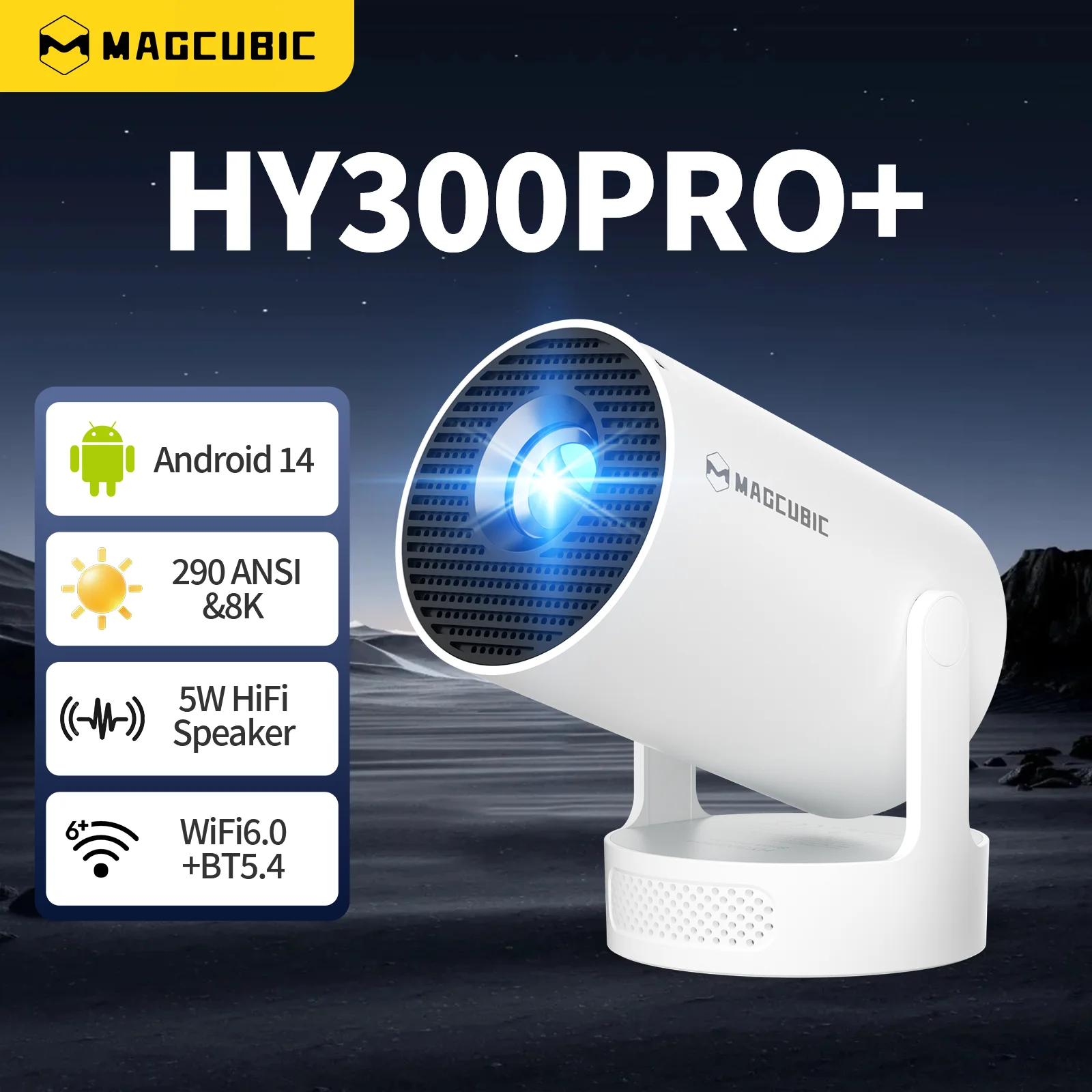 Projektor domowy Magcubic HY300 Pro+ 8K Wifi6 290ANSI Android 14 Dual WIFI Allwinner H726 BT5.4 do kina domowego, przenośny projektor do użytku na zewnątrz