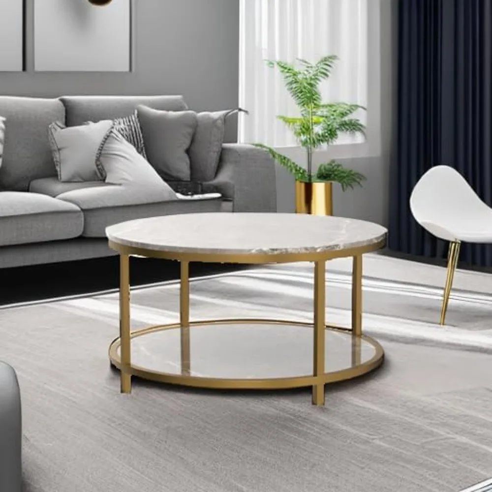 طاولة قهوة دائرية حديثة لغرفة المعيشة - سطح من الرخام الصناعي عالي اللمعان، قاعدة معدنية ذهبية قوية، قطر 33.5