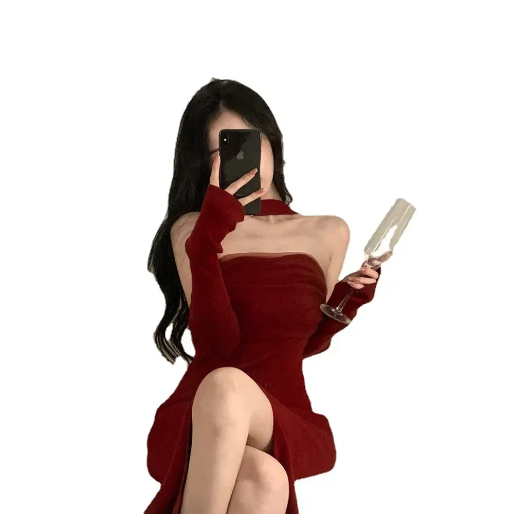 Robe fendue dos nu en fibre pour femme, Slim Fit, Robe de soirée rétro, Élégante, Rouge, Monochromatique, Sexy, Fit, Fit, Spill, Y2k
