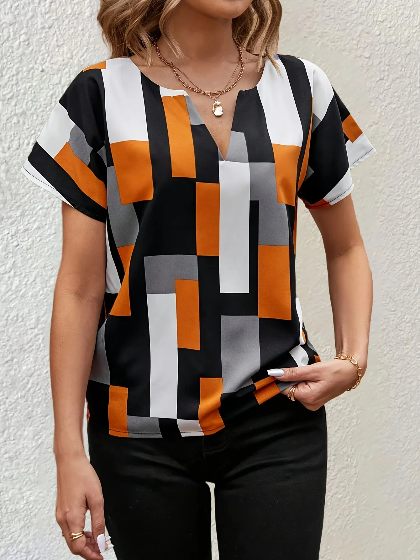 

Большие размеры 1XL-5XL, женская рубашка с воротником-стойкой и геометрическим принтом, женская повседневная футболка с коротким рукавом, топы