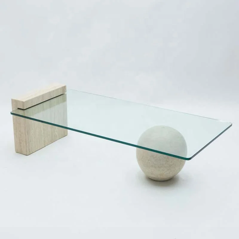 Italian minimalist natural marble stone tea coffee table designer living room tempered glass small travertine customization