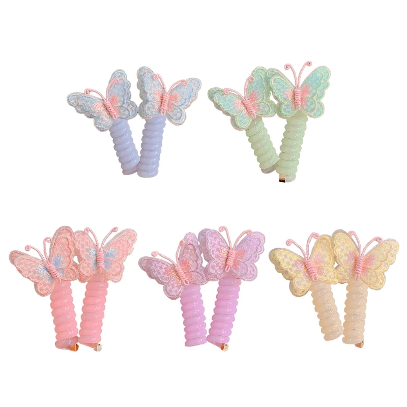 Embroidery Butterfly Cord Hair Tie for Girl No Crease Cord Hair Tie Ponytail Holder Elastic Traceless Hair Bands 2PCS X90C