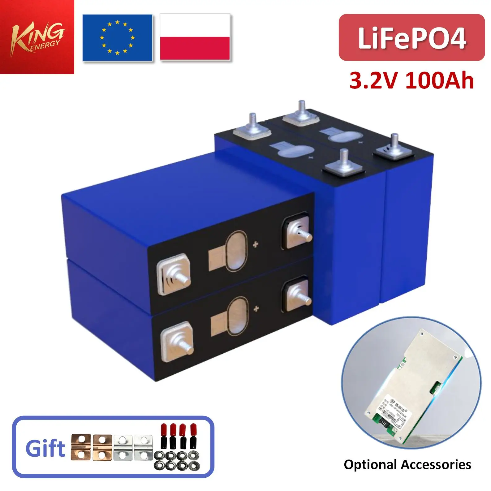 Lot de 4 cellules de batterie lithium-fer-phosphate LiFePO4 3,2 V 100 Ah, BMS en option, système solaire 4S, 12 V, 8S, 24 V, 16S, 48 V