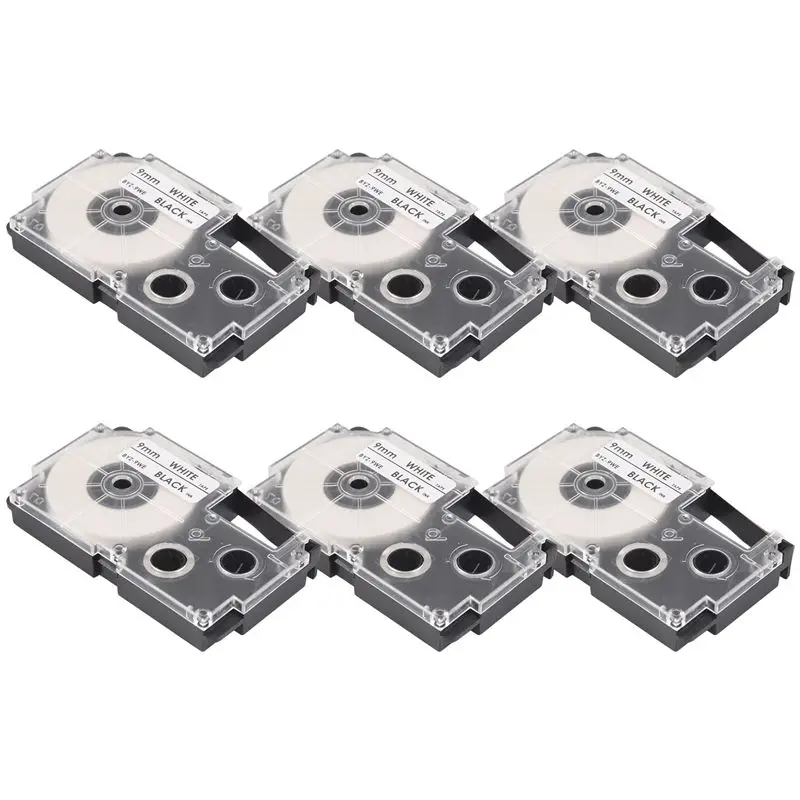 AED7-6 Pcs 9Mm Label Ribbon For CASIO KL-120 KL-E300 KL-60 KL-100 KL750B KL820 KL750 KL7200 Label Printer Tape Thermal Paper