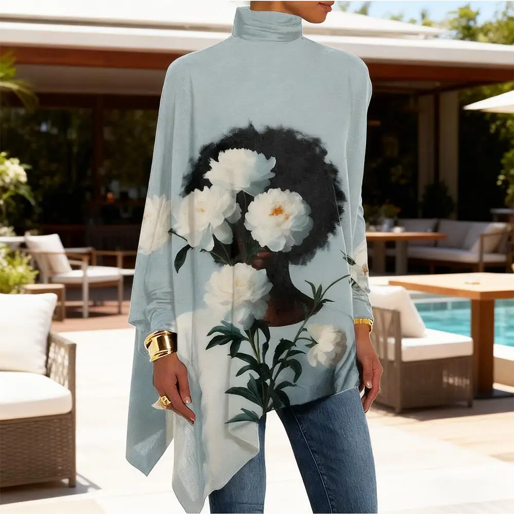 

2025 New Women's High-Neck Dress African Art Portrait Floral Print Long-Sleeved Top Fashion Loose-Fitting Vacation Casual Skirt