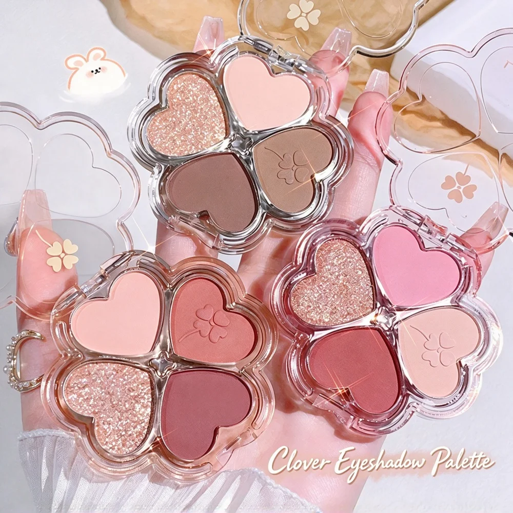 Lucky Clover Eyeshadow Palette Matte Shimmer Highlighter Contour Blush All in One 4 Colors for Students Lazy Makeup Delicate