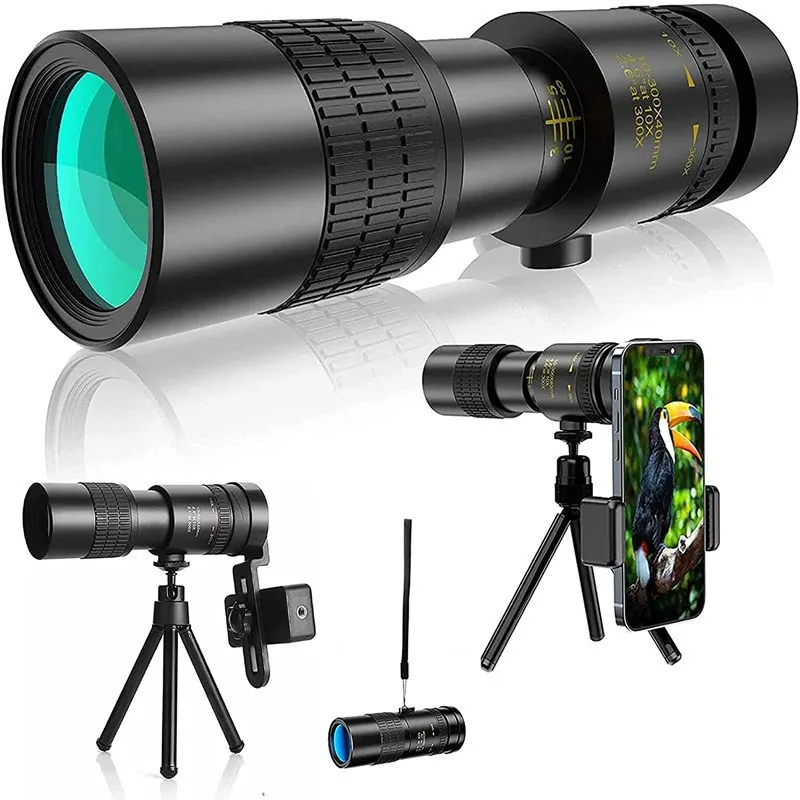 Zoom 10-300x30 Portable High Power Monocular Telescope with Tripod&Phone Holder for Bird Watching