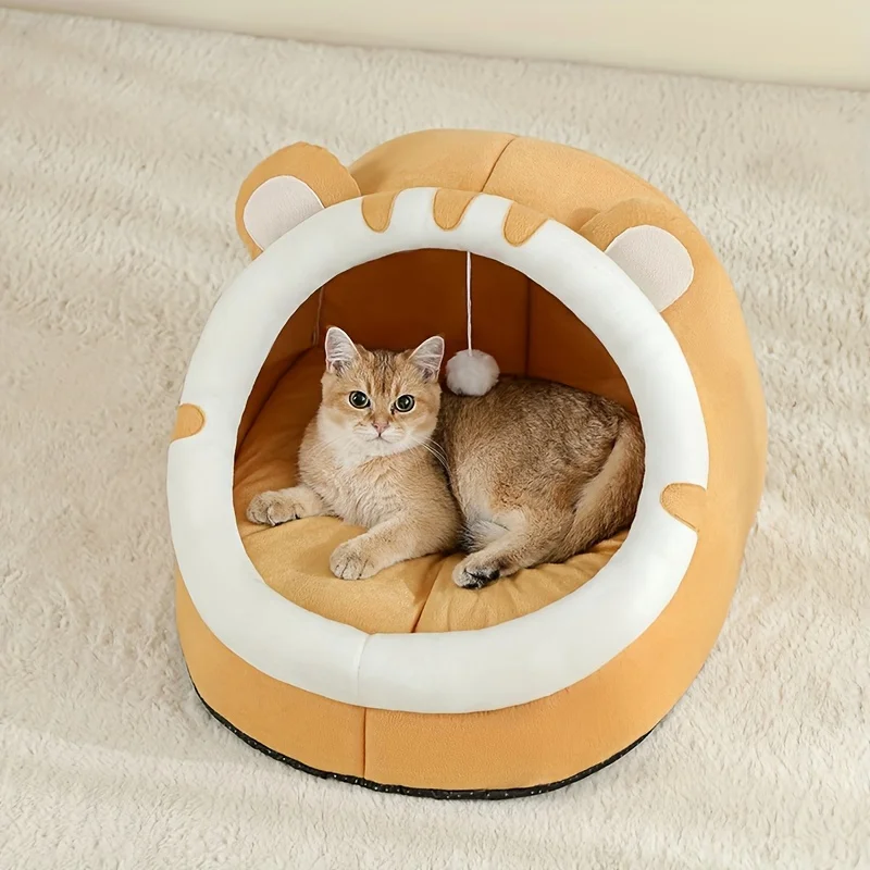 Cama cueva cálida de felpa con pompón para gatos y perros pequeños - imagen 4