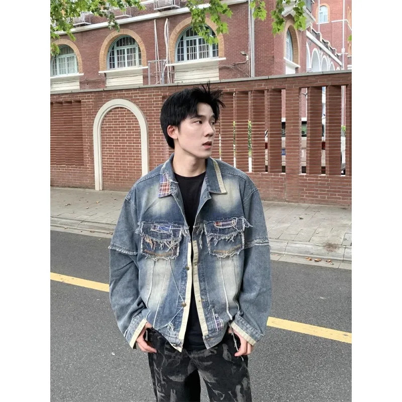 American Loose Men's Denim Jacket Spring Autumn Men Coat Armor Design Motorcycle Jean Jacket Streetwear
