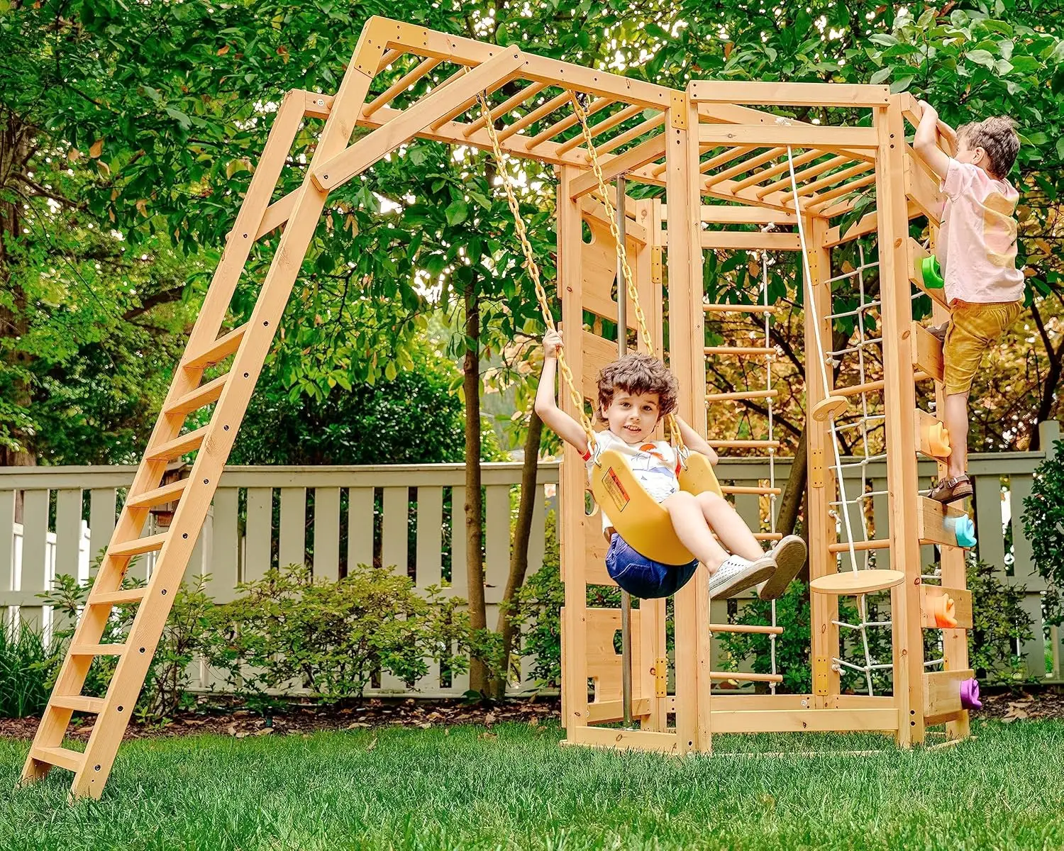 Hawthorn 9-in-1 Outdoor Activity Center Swing, Rock Wall, Monkey Bars Ages 3-11 Pine Wood Construction Climbing Rope