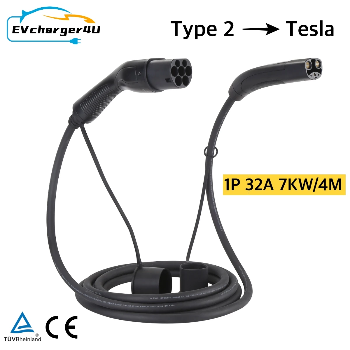 EVcharger4U IEC62196-2 Type2 To Tesla NACS EV Charger Cable 4M 1Phase 32A 7KW for US Made Model 3 Y X S on Public AC Charging