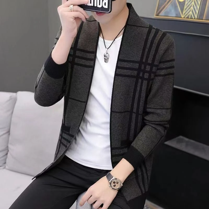 

Men's Spring Autumn Checkered Knit Cardigan Loose with Pockets Premium Business Style Work Wear Hot Seller High Quality
