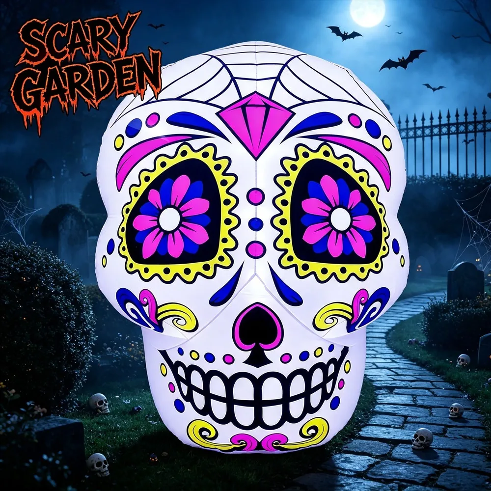 Halloween 3FT Inflatable Model Blow Up Sugar Skull Decor LED Lights Dia De Los Muertos Outdoor Holiday Display Decoration
