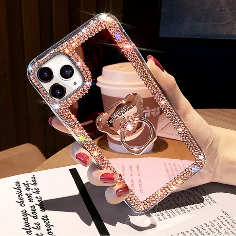 Luxury Glitter Diamond 3D Bear Ring Holder Phone Case For iPhone 15 14 13 12 11 Pro X XS MAX XR 7 8 Plus SE2 Bling Crystal Cover