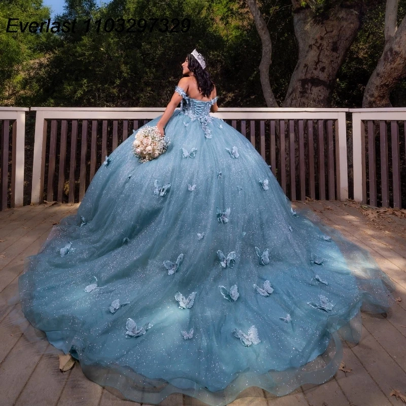 EVLAST синее платье Quinceanera по индивидуальному заказу, бальное платье с 3D аппликацией в виде бабочки, корсет с бисером, Sweet 16, Vestidos De 15 Anos TQD894