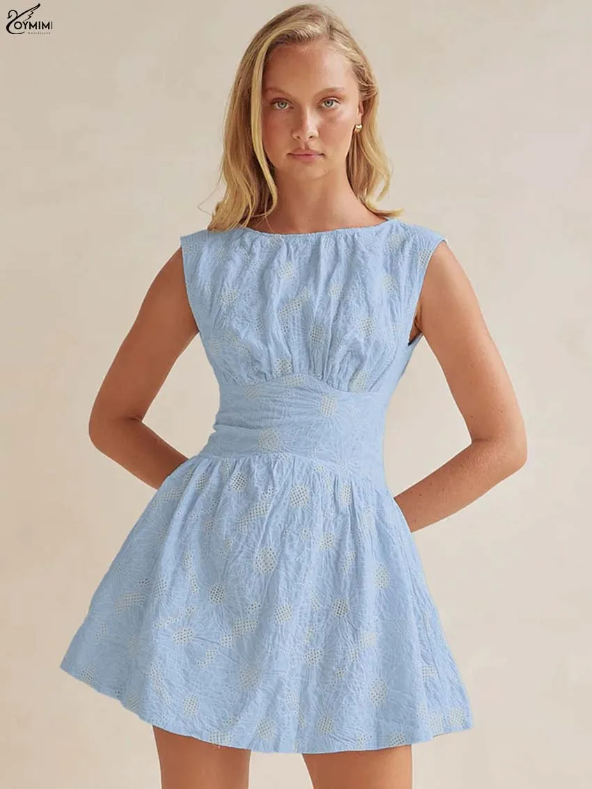 

Oymimi Casual Blue Embroidery Dresses 2025 Woman Autumn O-Neck Sleeveless Zipper Dress Fashion High Waist Mini Dress Streetwear