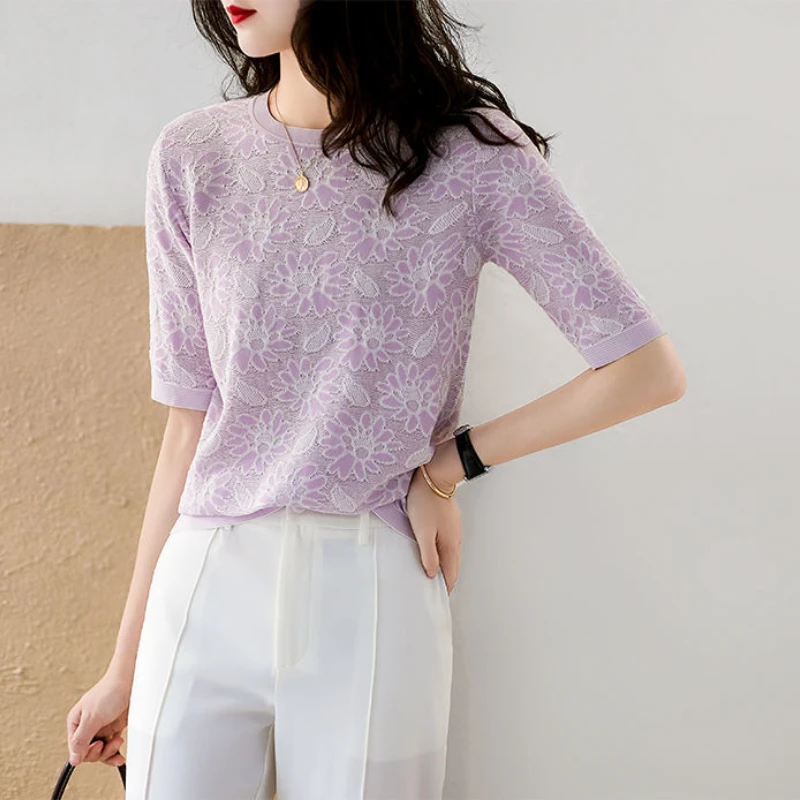 Summer Solid Color Hollow Out Floral T-shirts Women Short Sleeve Lady Pullovers Chic Sexy Korean Fashion Popularity Female Tops