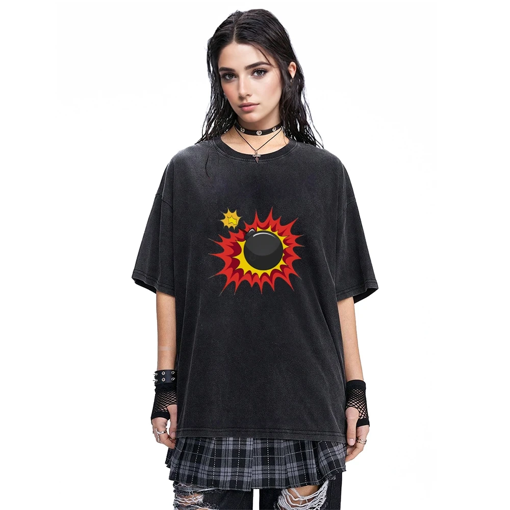 

Retro Style Unisex Black Washed Short Sleeve Graphic Tee with Bomb Print Y2K Vibe Casual Comfortable Loose Fit Tee for Daily