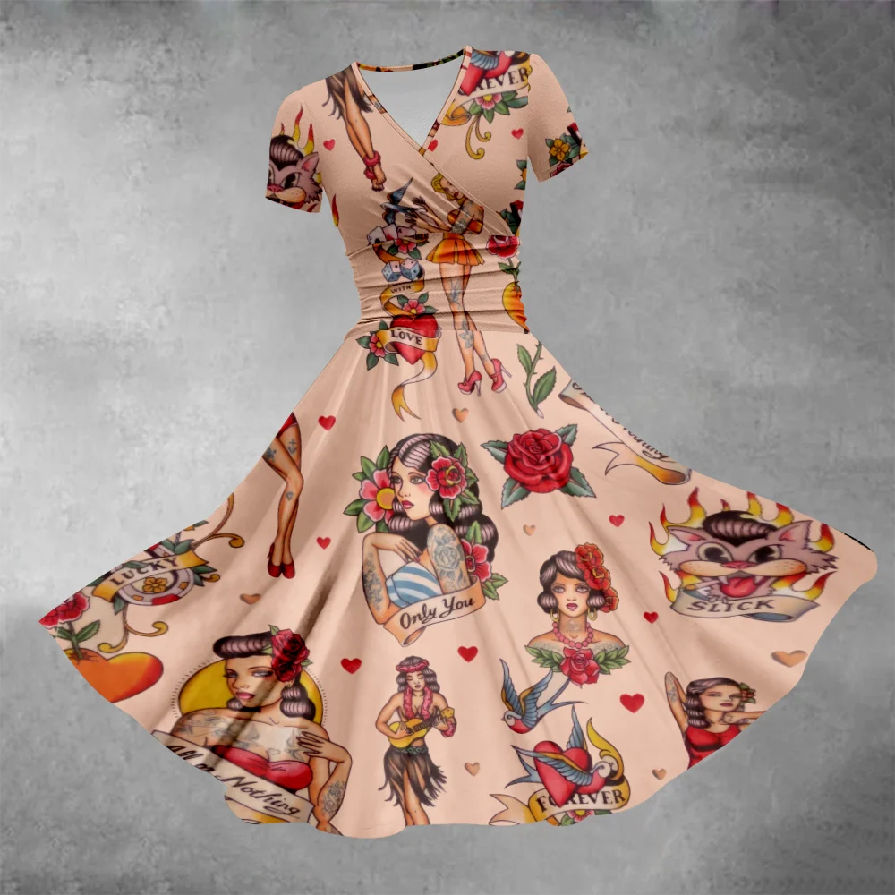 Cartoon Rose Girl Dress Fashion Party Dresses Short Sleeve Womens Dresses Vintage Beautiful Elegant Robe Lady Vestidos Clothing